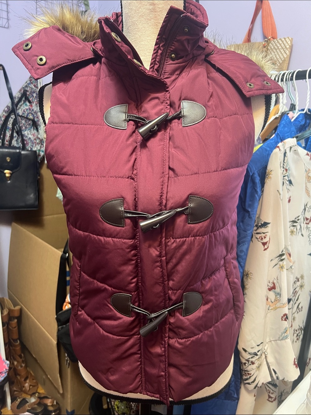 The Limited Womens Burgundy Puffer Vest with Toggle Closures